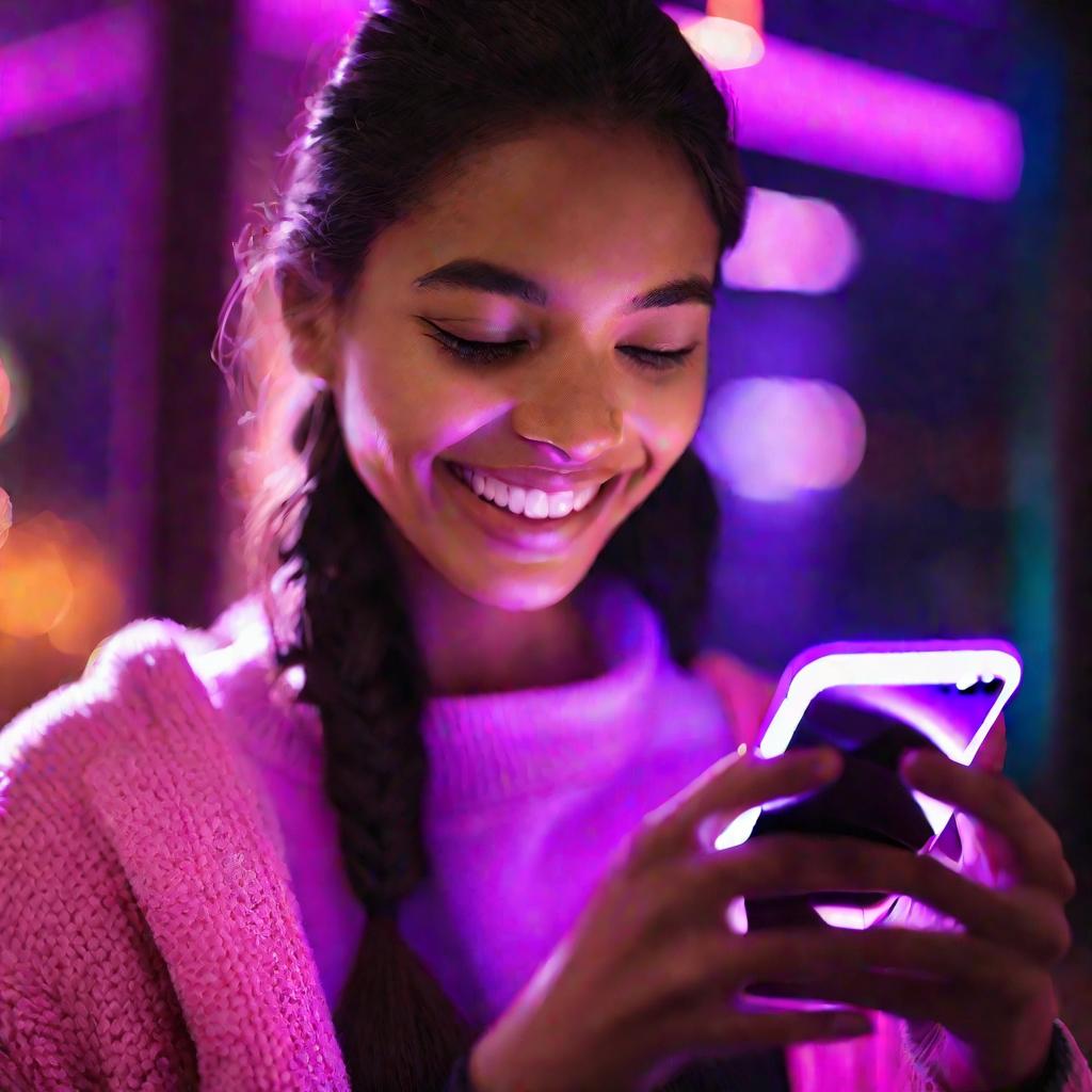 Девушка с неоновой фиолетовой защитной пленкой на весь экран смартфона улыбается в темной комнате зимним вечером.