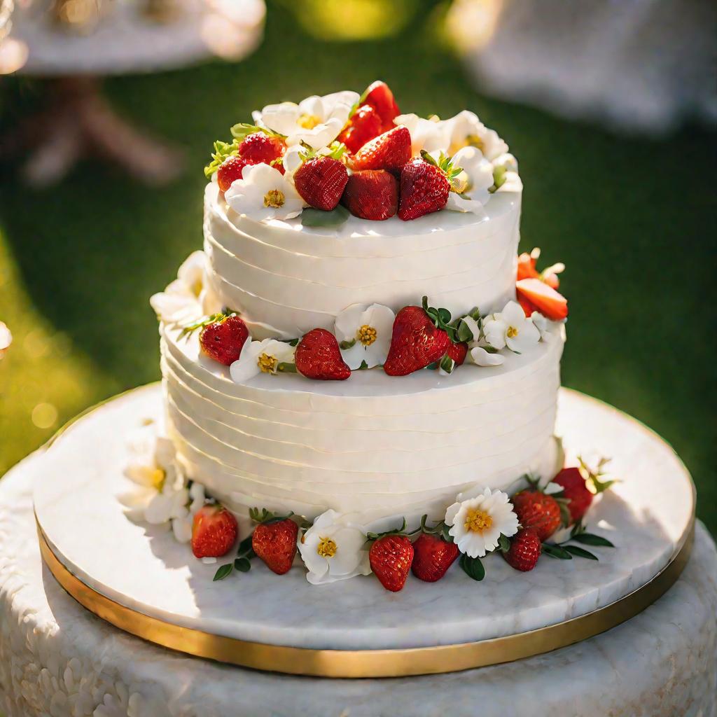 Многоярусный свадебный торт украшенный цветами и клубникой на свадебном банкете на открытом воздухе.