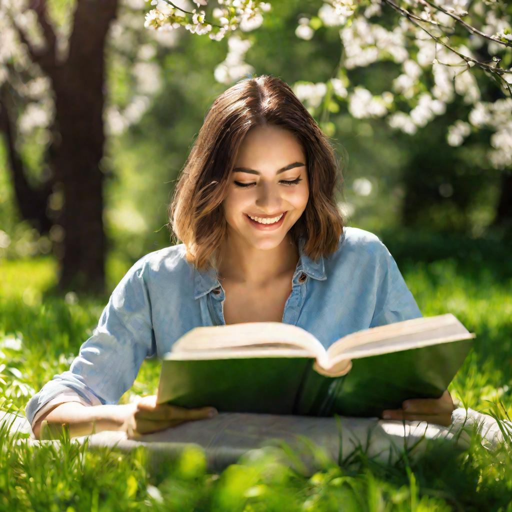 Молодая женщина читает книгу на улице в солнечный весенний день.