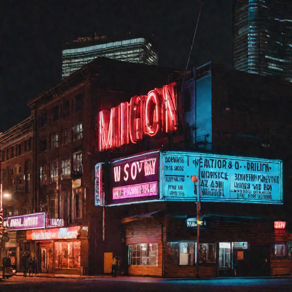 Фото со съемкой в течение дня, показывающее переход от дня к ночи в городе с огромной светящейся неоновой вывеской на здании, говорящей