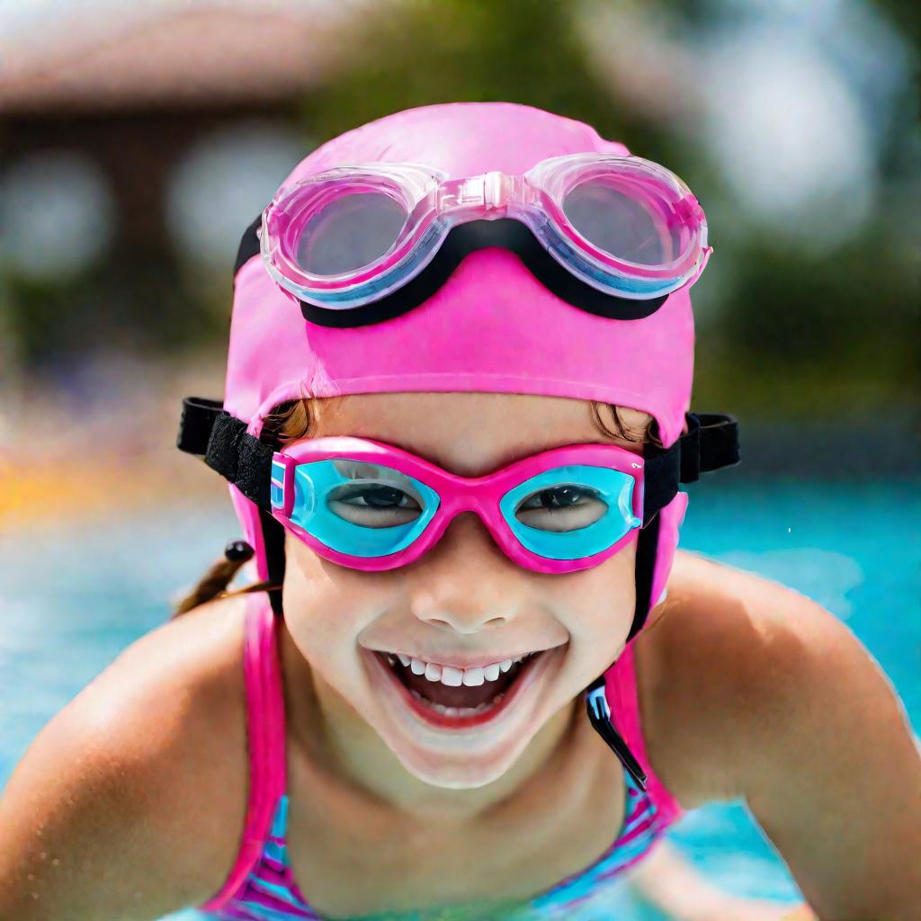 Портрет девочки в очках для плавания перед прыжком в бассейн.