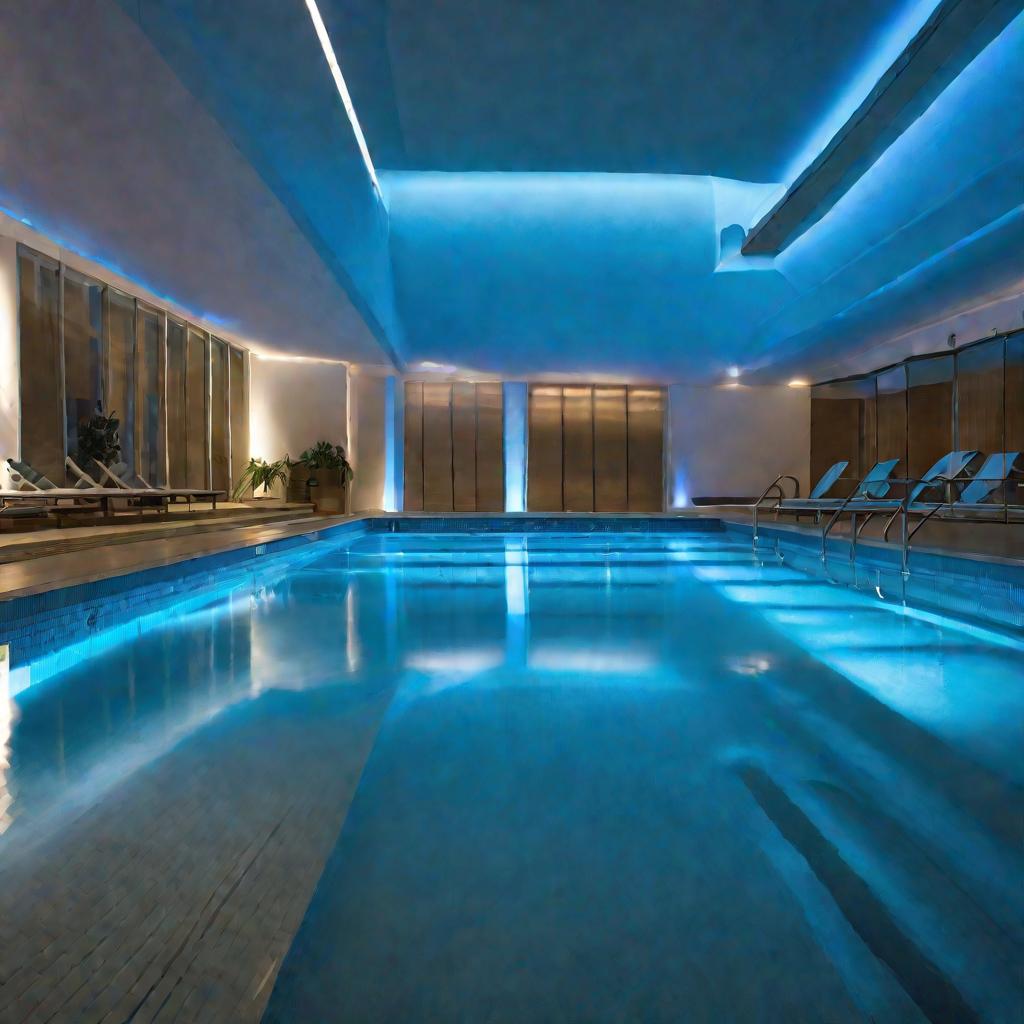 Вид снизу на освещенный синим светом зал бассейна.