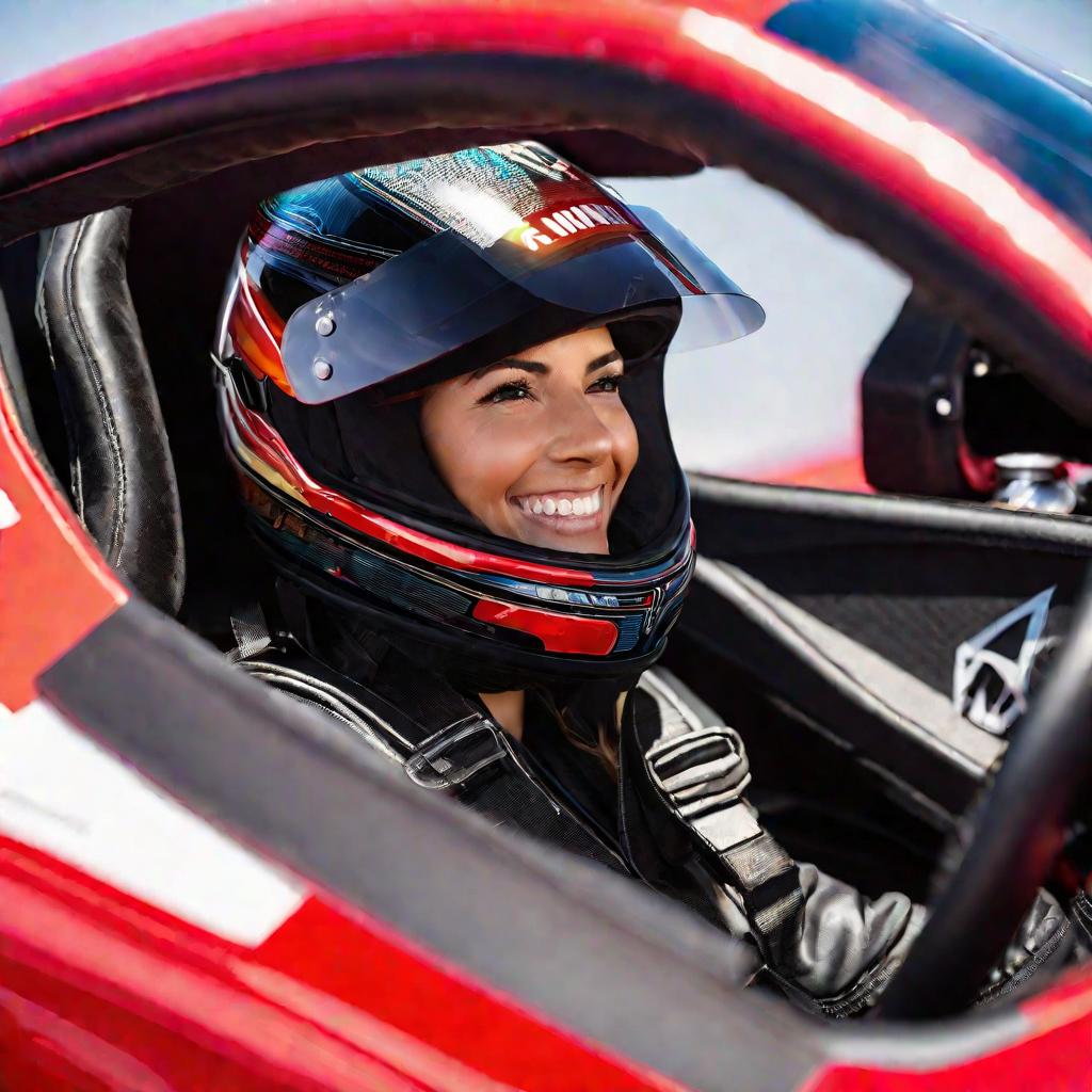 Крупный план улыбающейся женщины-гонщицы в ярко декорированном шлеме, черном комбинезоне и перчатках, сидящей в кокпите современного ярко-красного гоночного автомобиля в полном солнечном свете. На гладком отполированном кузове гоночного автомобиля яркая б