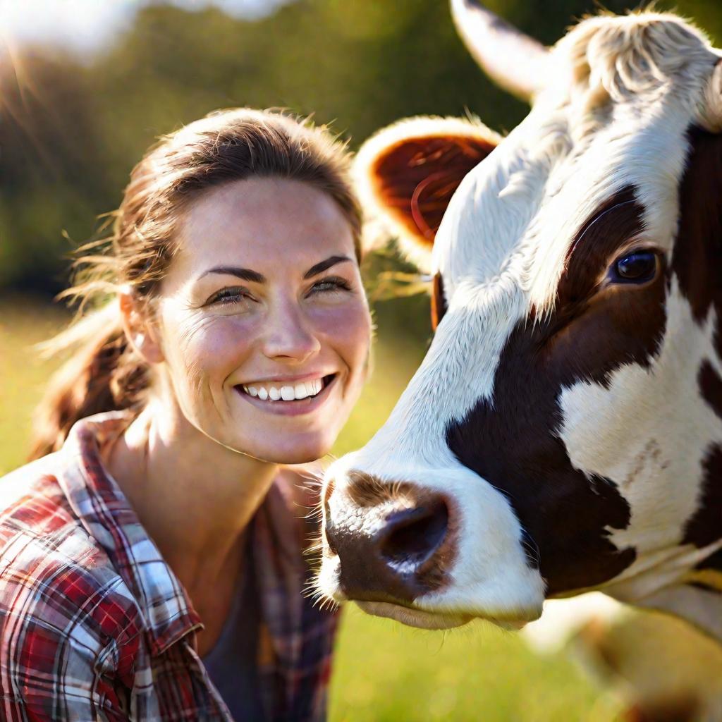 Крупный портрет улыбающейся женщины-фермера в клетчатой рубашке, нежно чистящей счастливую коричневую и белую корову в солнечный день. Освещение натуральное и мягкое, выделяющее детали. Мелкая глубина резкости размывает фон.