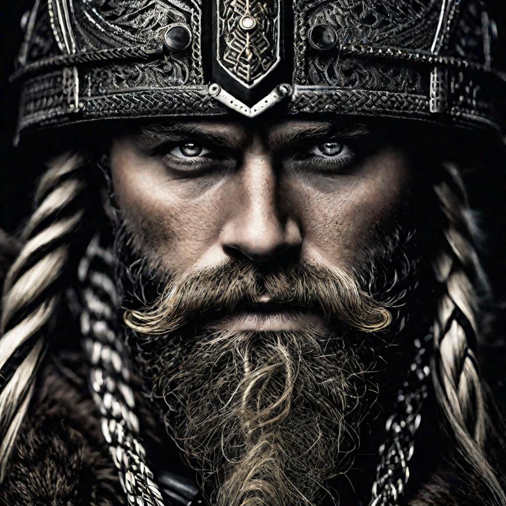 Крупным планом портрет сурового викинга в рогатом шлеме со сложными скандинавскими узорами. У него большая борода, заплетенная с бусинами, на лице военная раскраска, он пристально смотрит в камеру. Освещение мрачное, настроение таинственное, лицо драматич