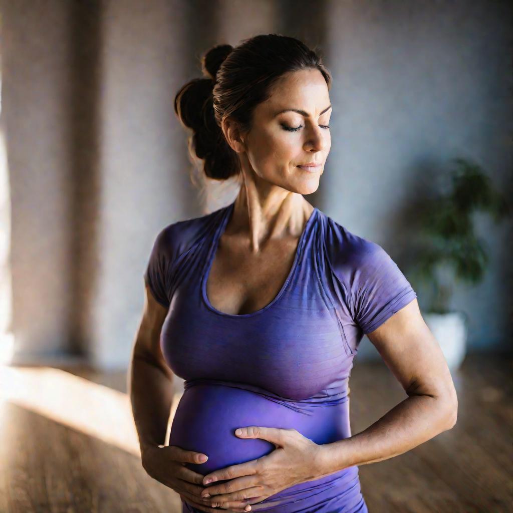 Портрет беременной женщины, выполняющей йогу.