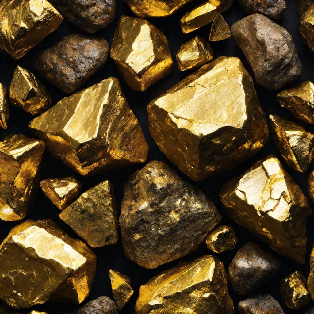 Кусок золотой руды освещен лампой, видны блестящие прожилки золота