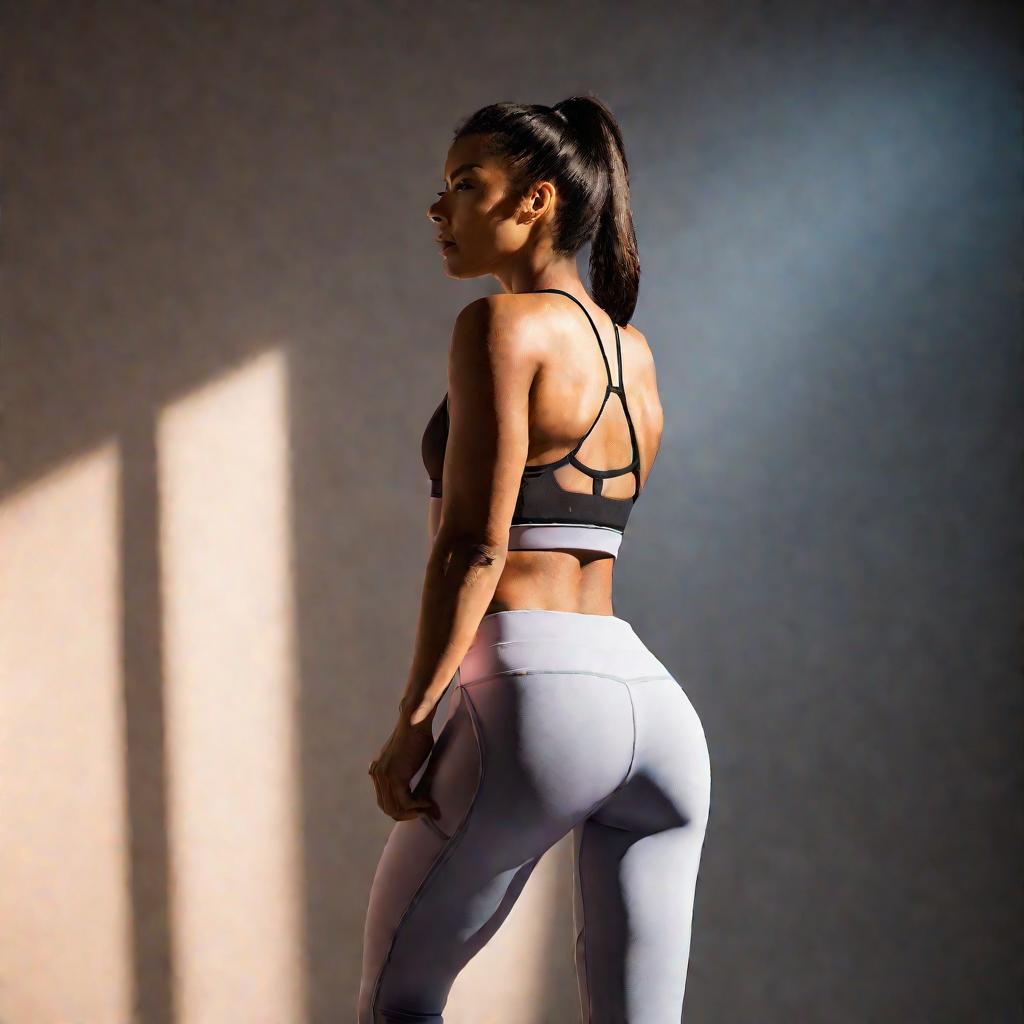 Женщина в студии позирует спиной к камере в спортивной одежде, демонстрируя женственные очертания фигуры.
