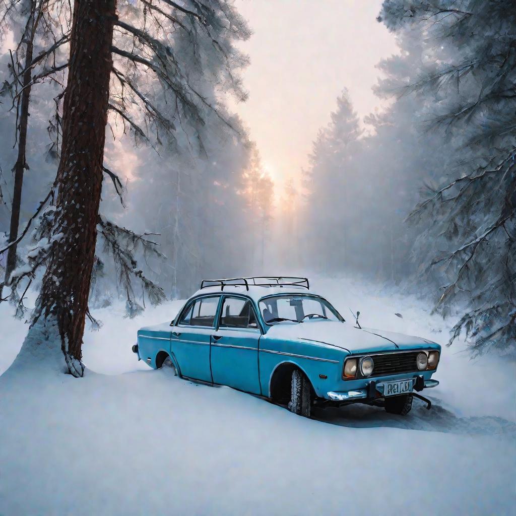Заброшенная Волга в снежном лесу