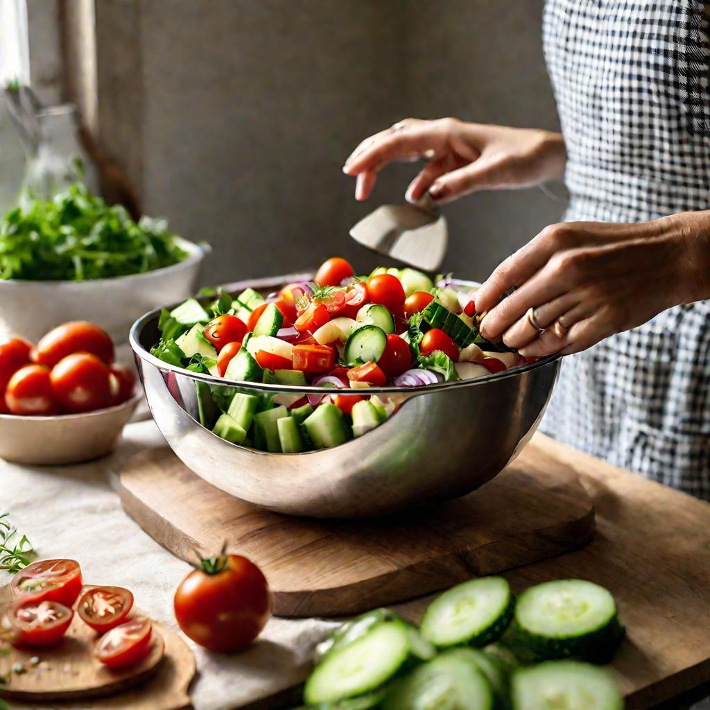 Женские руки перемешивают салат в миске на кухне