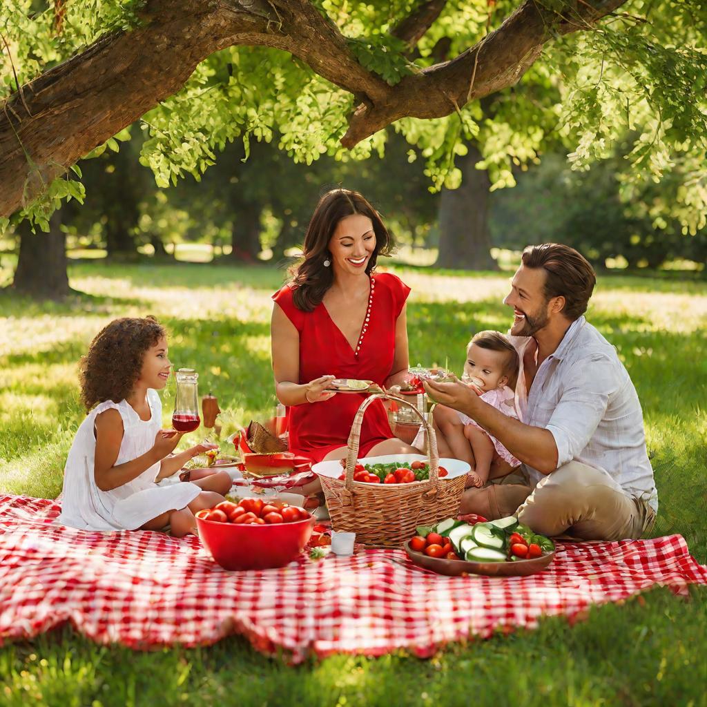 Семья ест салат на пикнике в парке