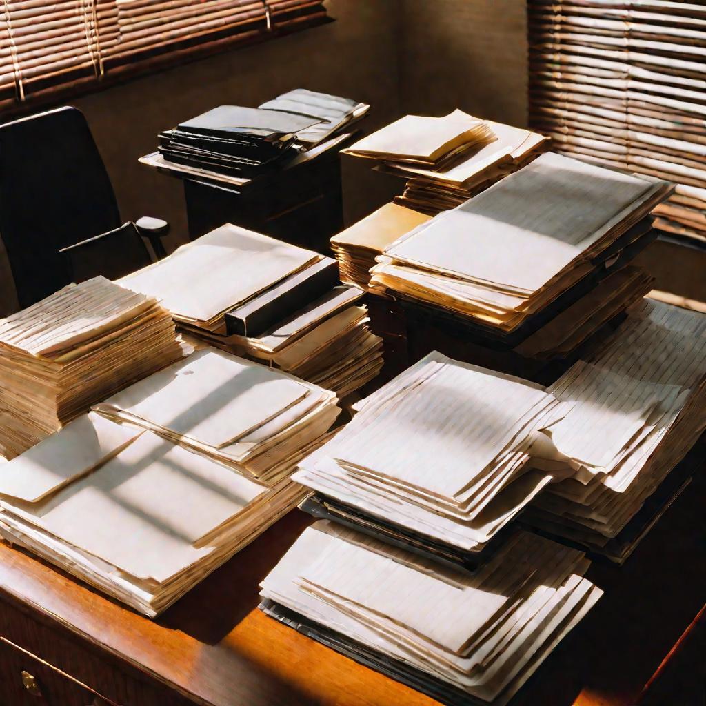 Вид сверху на аккуратно уложенные юридические папки и бумаги на деревянном столе в организованном офисе. Через жалюзи на окне в комнату проникают полосы света и тени. На табличке написано «Судья Уилсон».