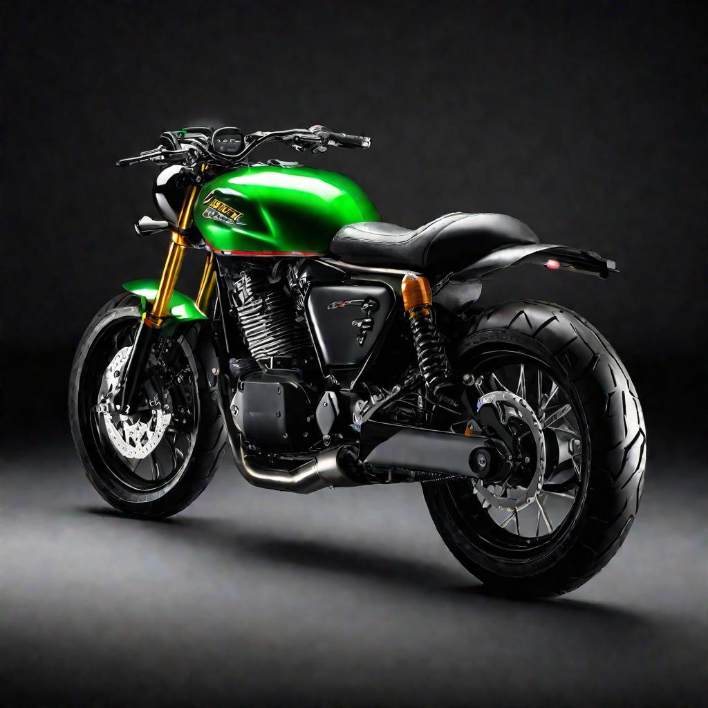 Студийный портрет черного мотоцикла Racer Nitro 250 с зелеными вставками