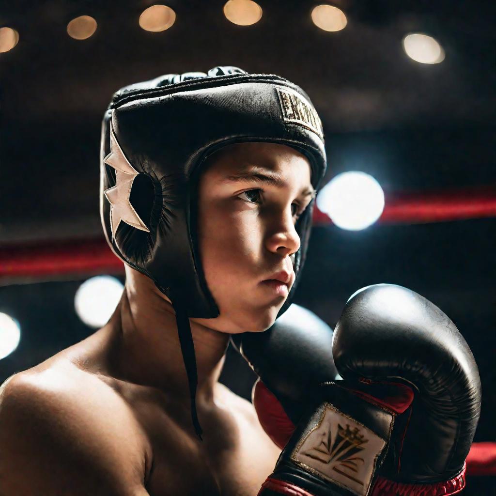 Портрет мальчика-боксера в перчатках и шлеме с серьезным взглядом
