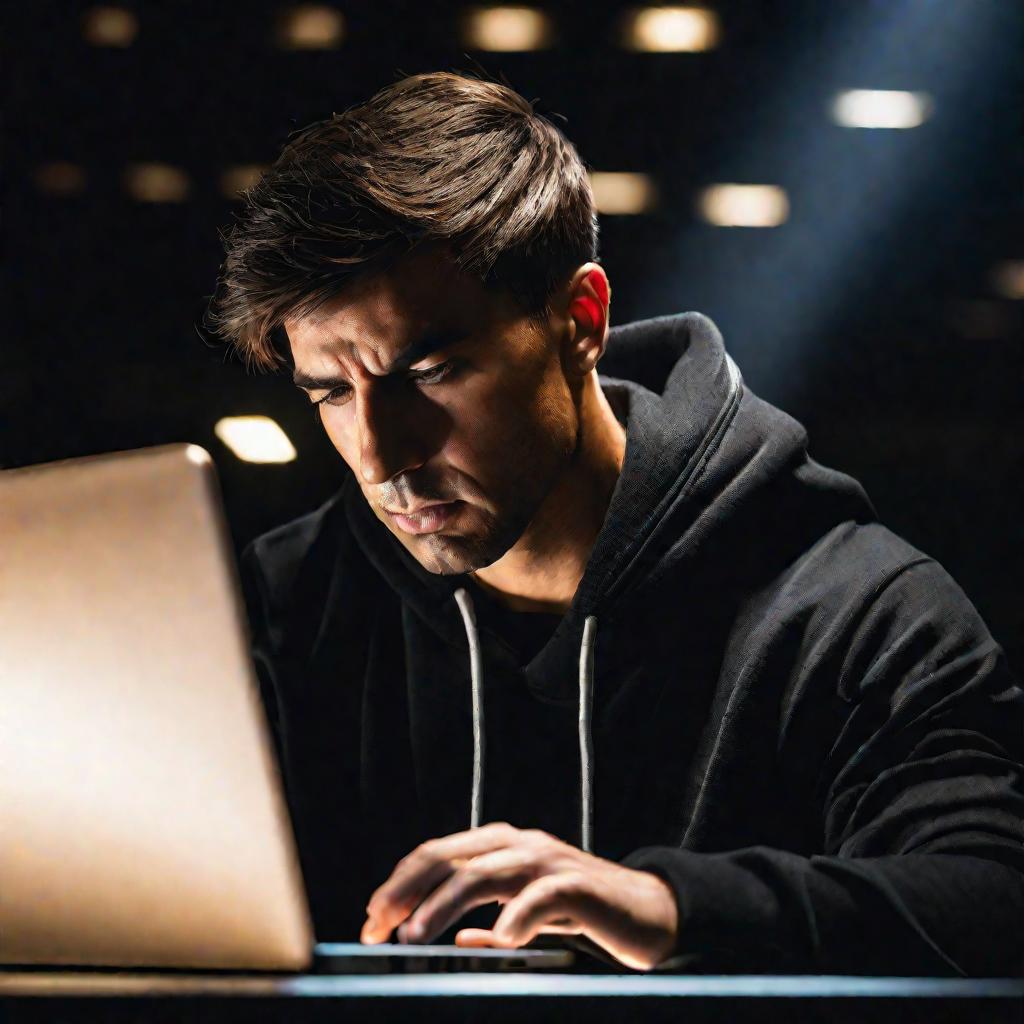 Портрет мужчины, сосредоточенно работающего на ноутбуке