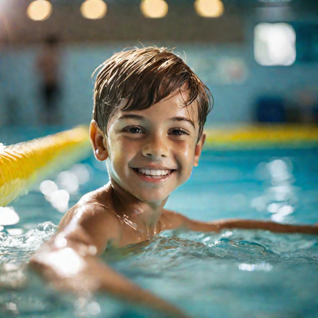 Мальчик с улыбкой плавает в бассейне
