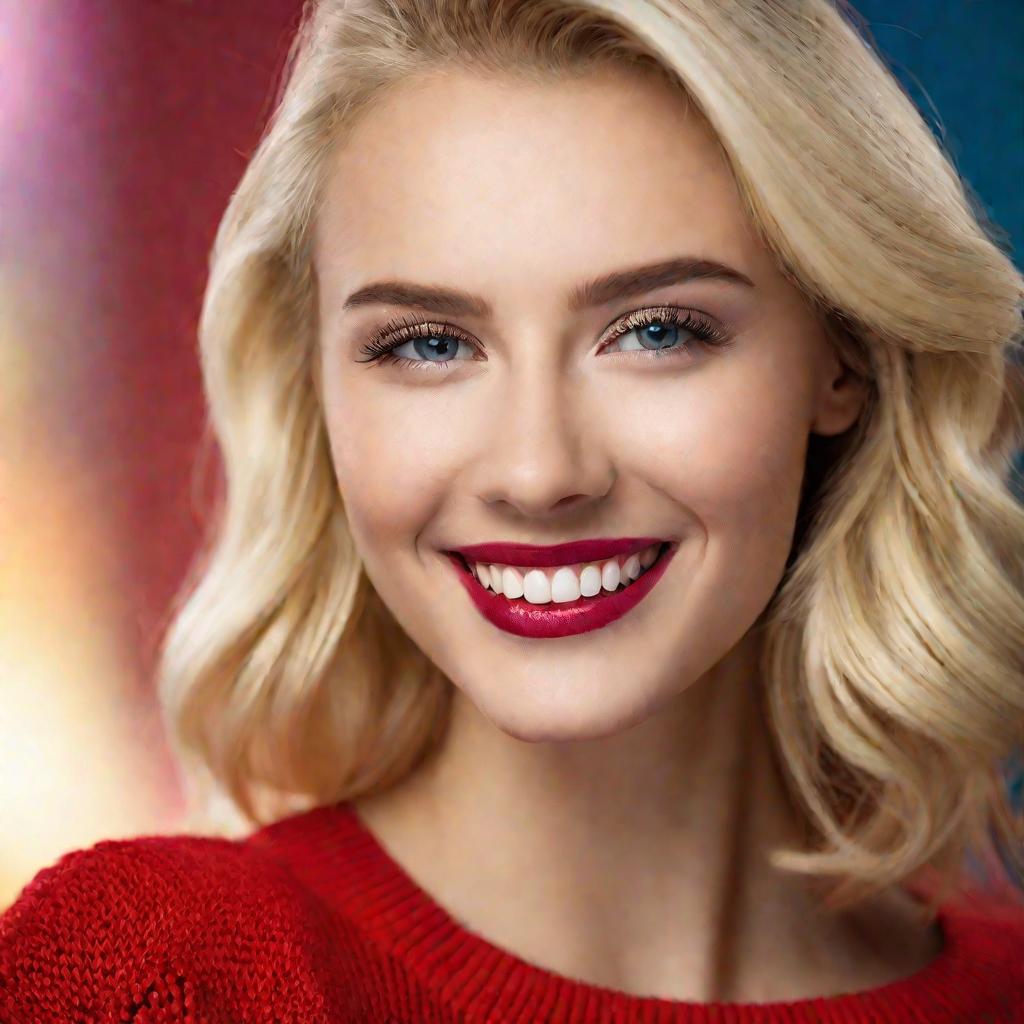 Блондинка в красном свитере улыбается