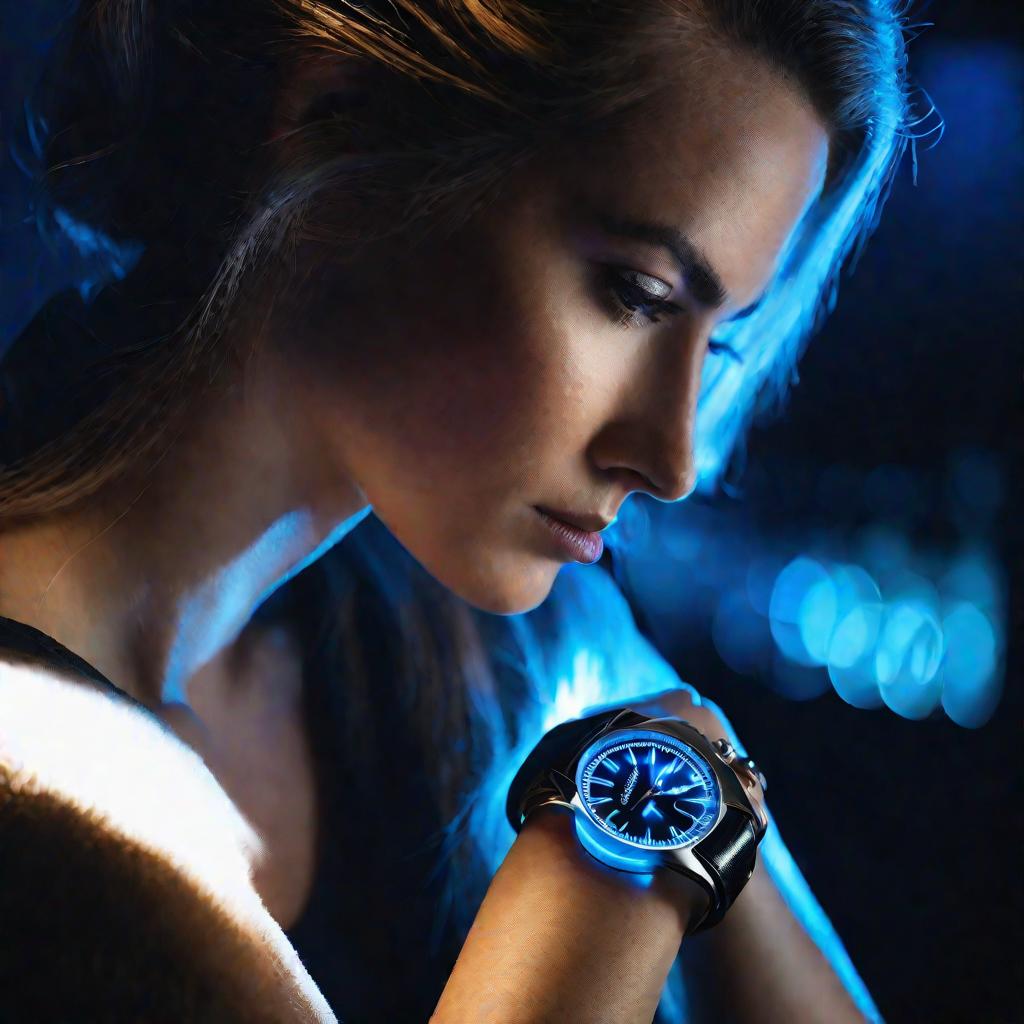 Крупным планом молодая женщина смотрит на часы, подсвеченные неоновой подсветкой