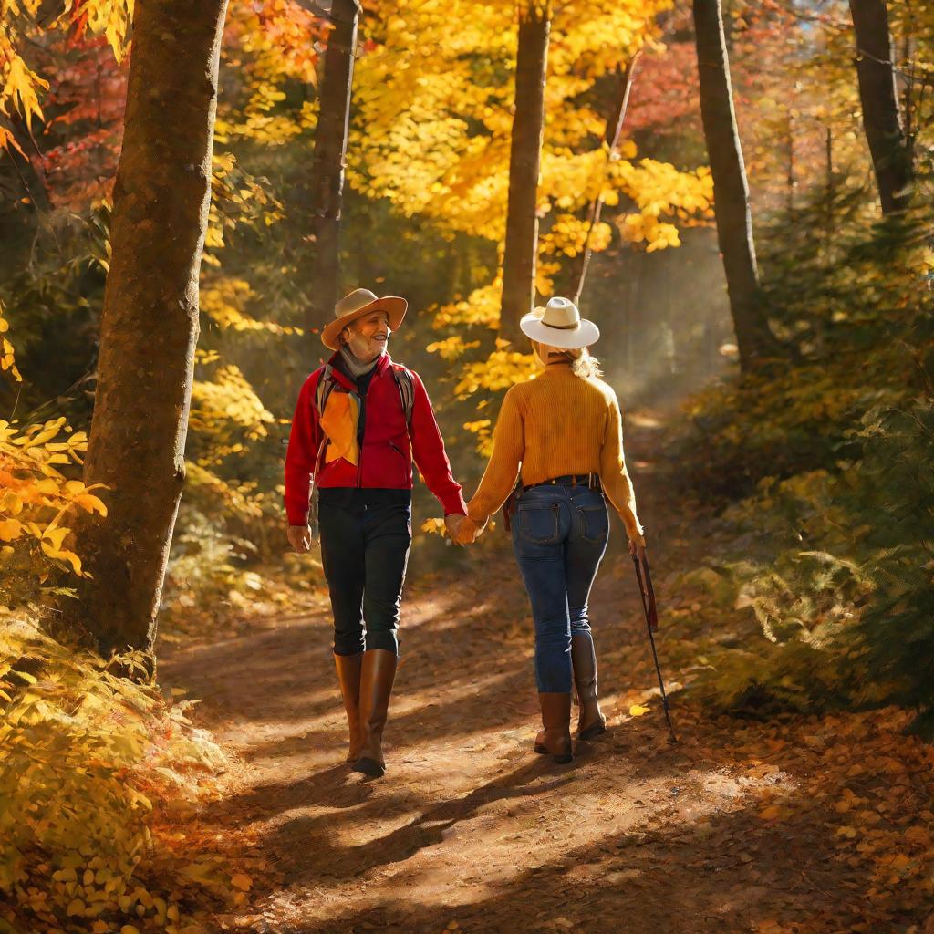 Пара гуляет по лесу осенью