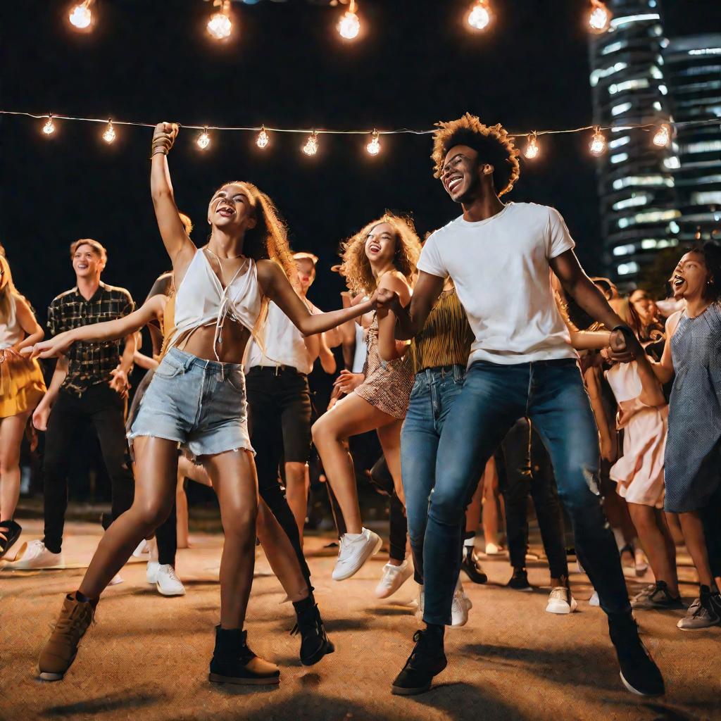 Группа молодых людей танцуют на концерте под открытым небом ночью