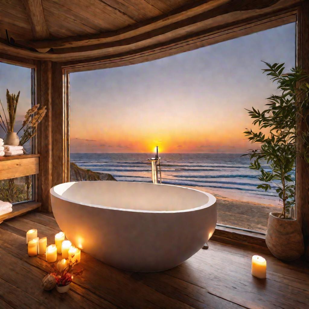 Интерьер ванной комнаты с овальной ванной и видом на пляж.