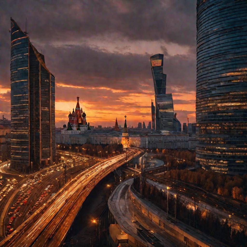 Широкий кинематографический вид на Московский городской пейзаж на закате. Здания светятся золотом и оранжевым в мягком вечернем свете. Теплые уличные фонари начинают мерцать, когда город переходит к ночному времени. Настроение драматичное, но мирное.