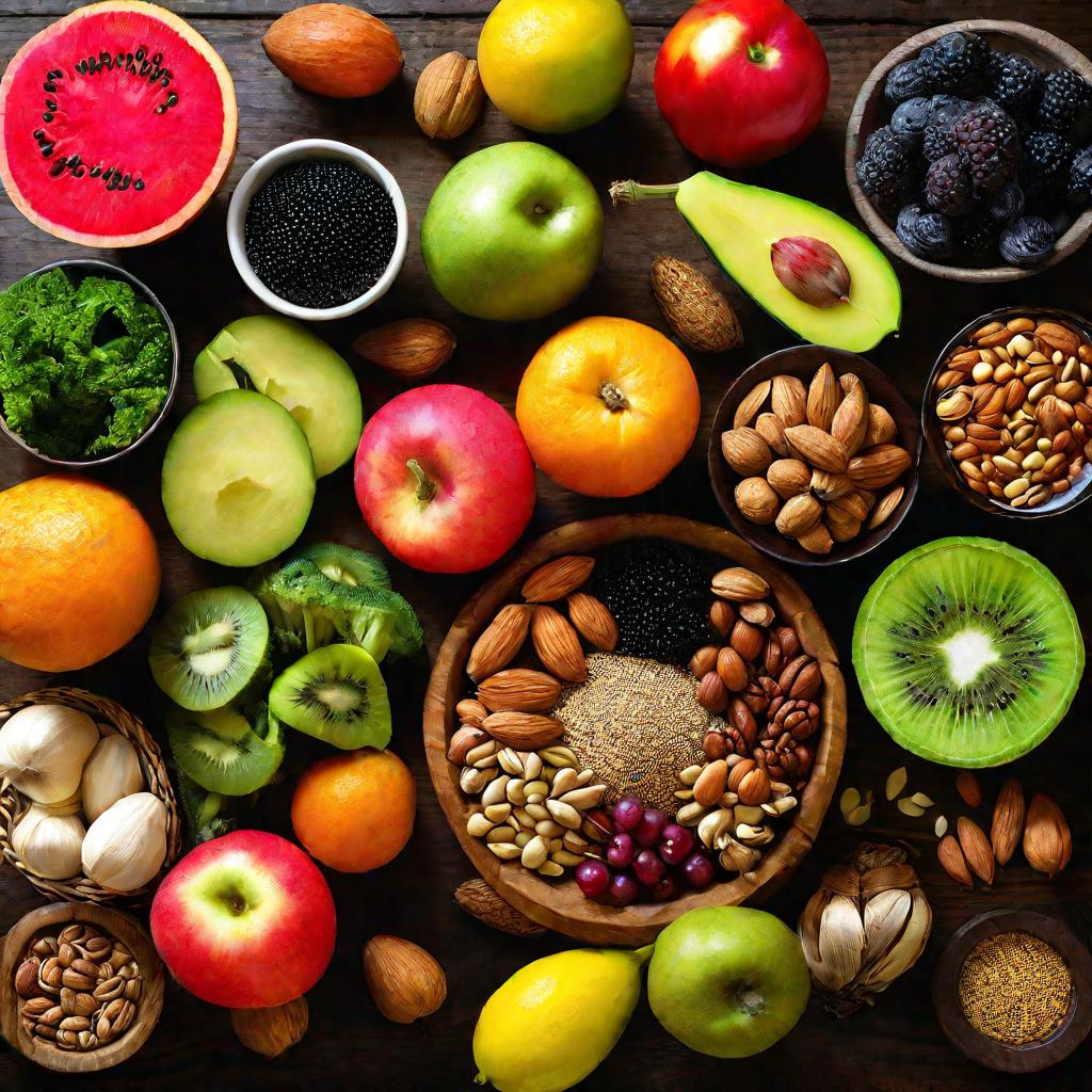 Свежие фрукты и овощи на столе.