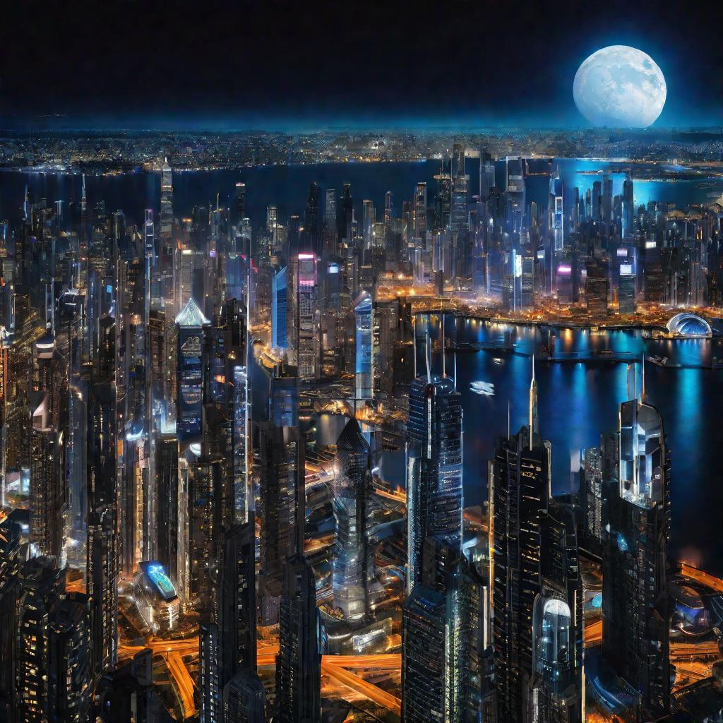 Ночной вид футуристического города с небоскребами.