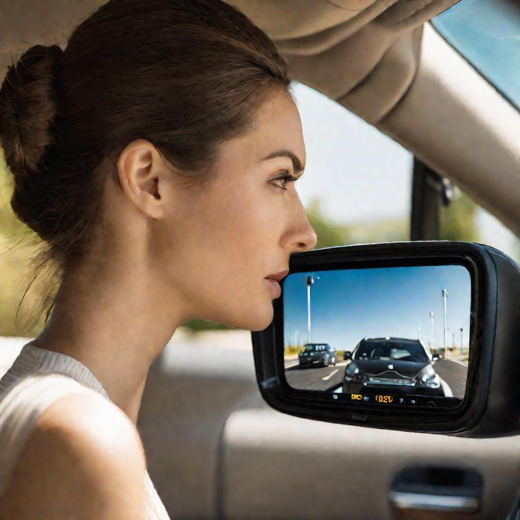 Крупный план женщины, настраивающей мониторное зеркало в машине в солнечное утро