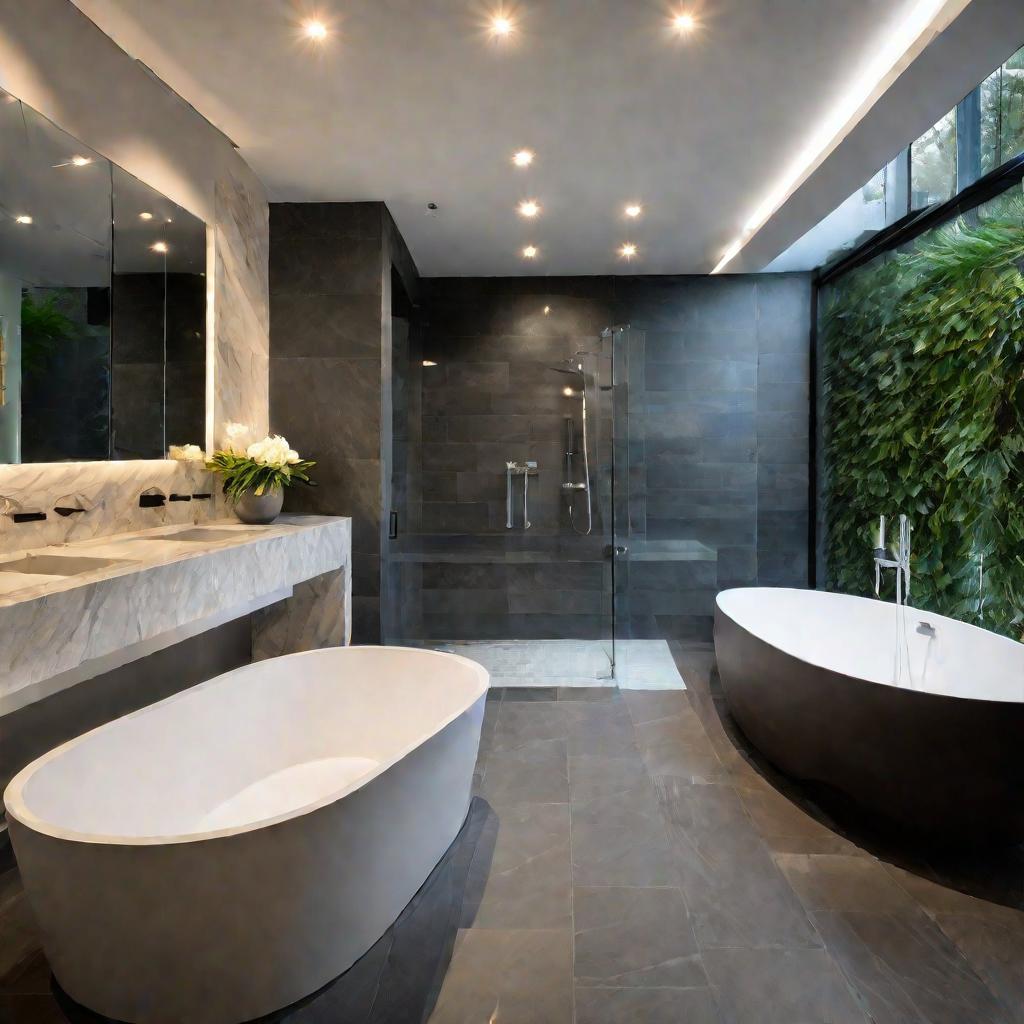 Просторная современная ванная комната в спа-стиле.