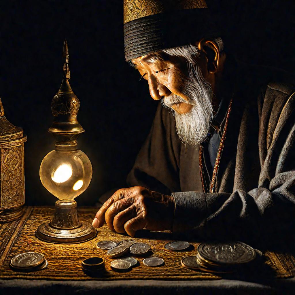 Крупный план портрета старого киргизского нумизмата, рассматривающего серебряную монету на темном фоне. Его морщинистые руки держат монету возле настольной лампы с теплым желтым светом, освещающим замысловатый гравированный рисунок на поверхности монеты. 