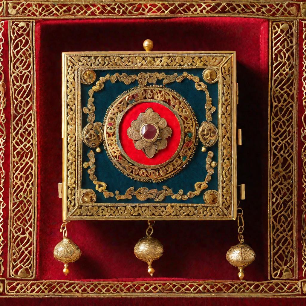 Крупный план традиционной киргизской ювелирной шкатулки, украшенной золотой филигранью и полудрагоценными камнями. Замысловатый узор включает стилизованные изображения древних монет, вплетенные в цветочные орнаменты. Солнечный свет, проникающий из соседне