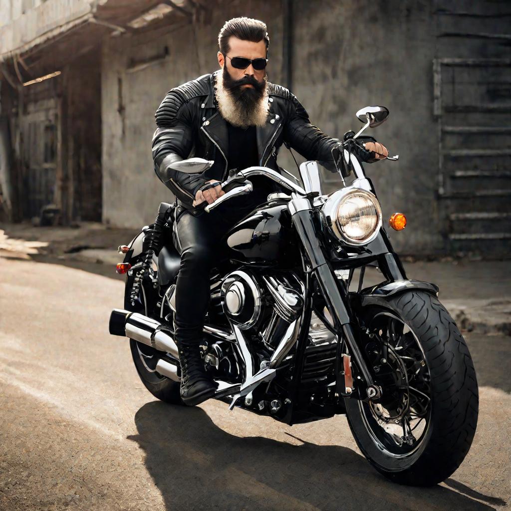 Мотоциклист в черной кожаной одежде на черном байке Вайпер