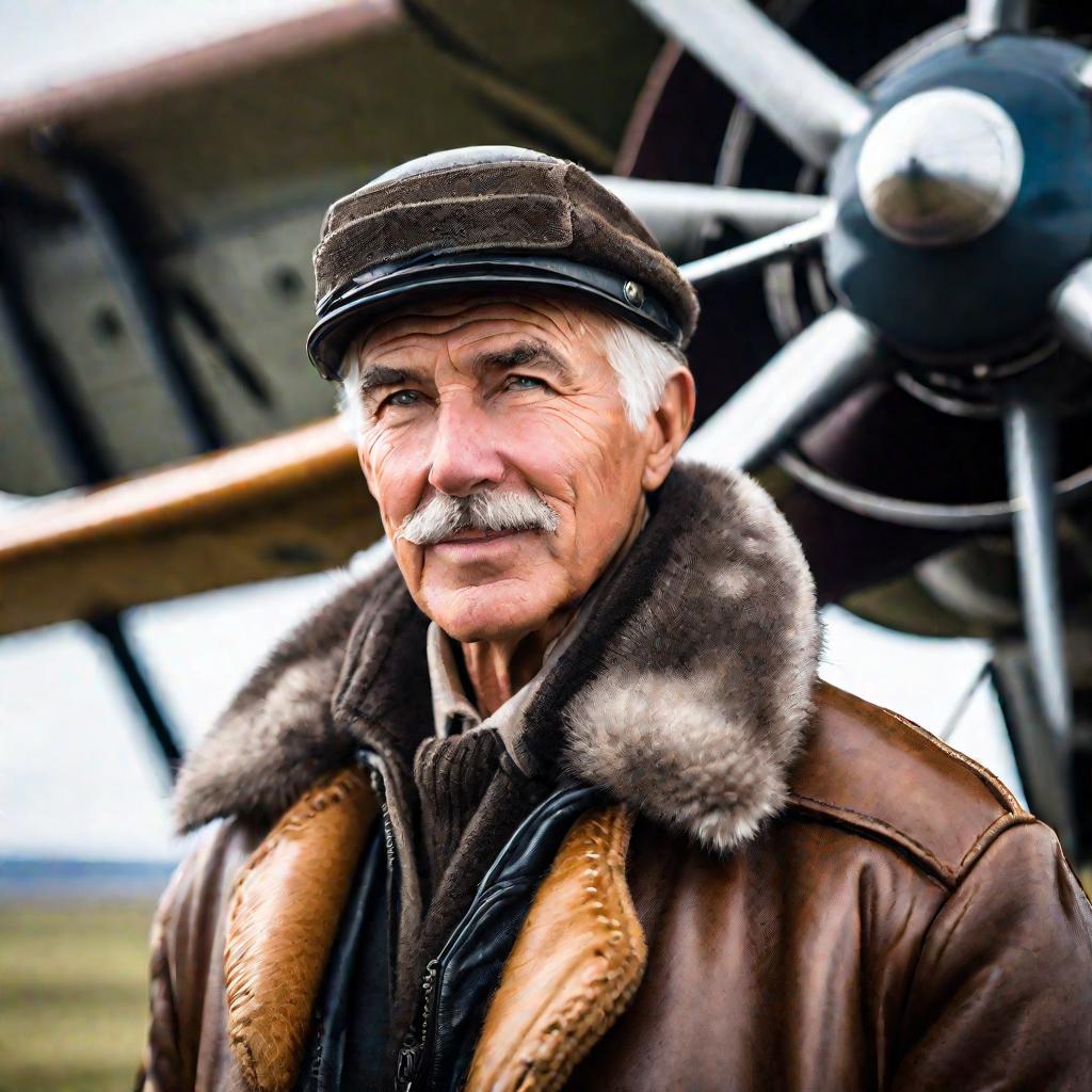 Портрет старого полярного летчика возле старого винтового самолета
