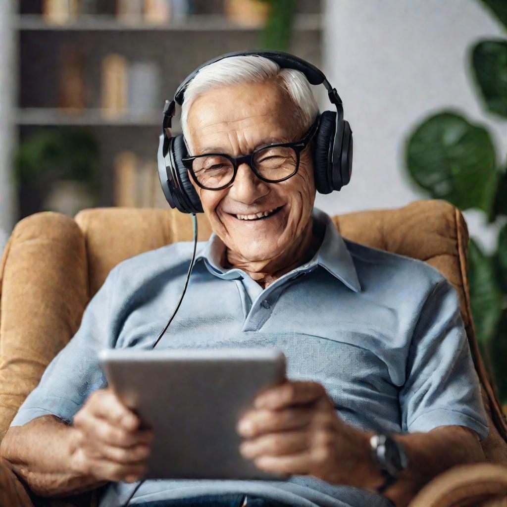 Пожилой мужчина слушает аудиокнигу