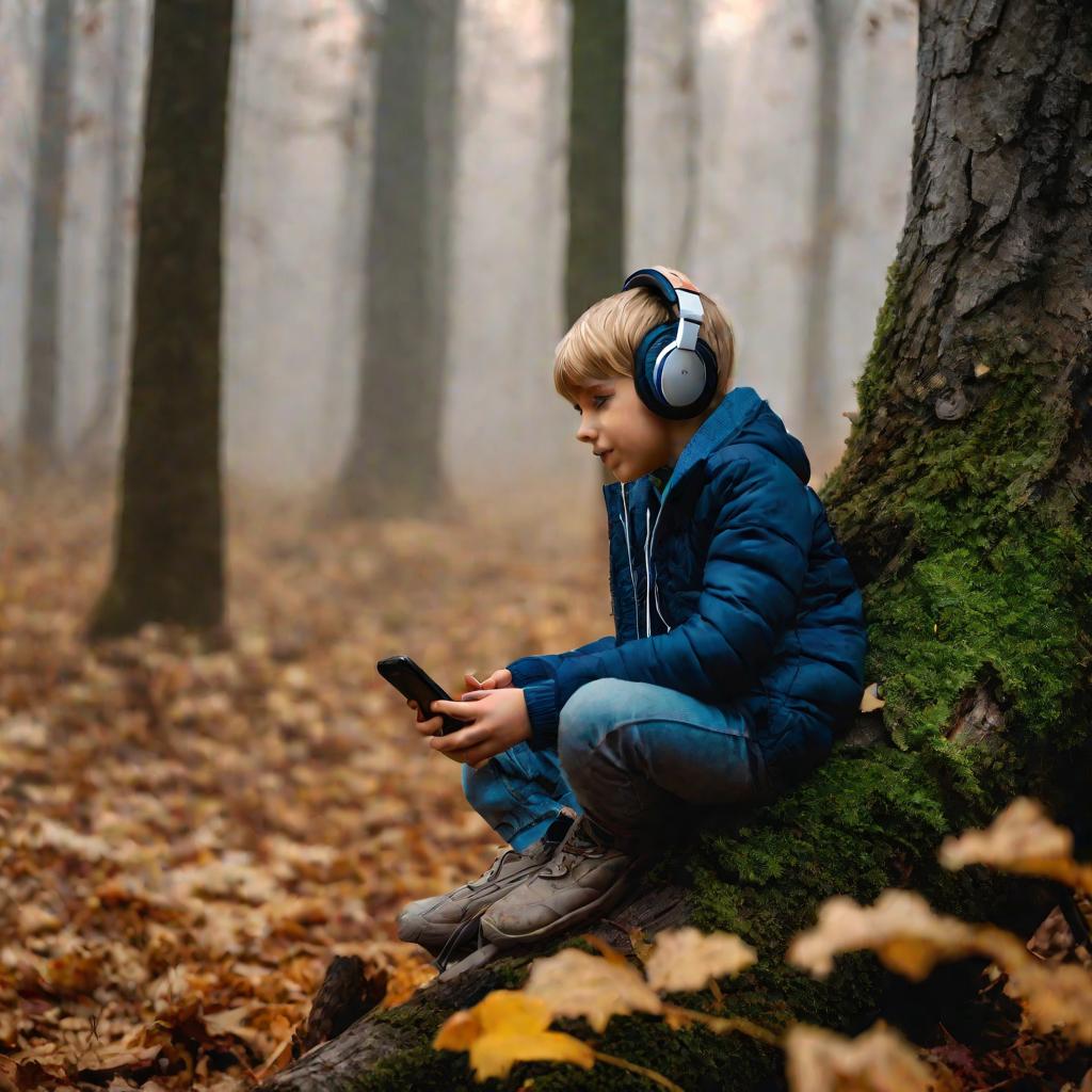 Ребенок слушает аудиокнигу в наушниках