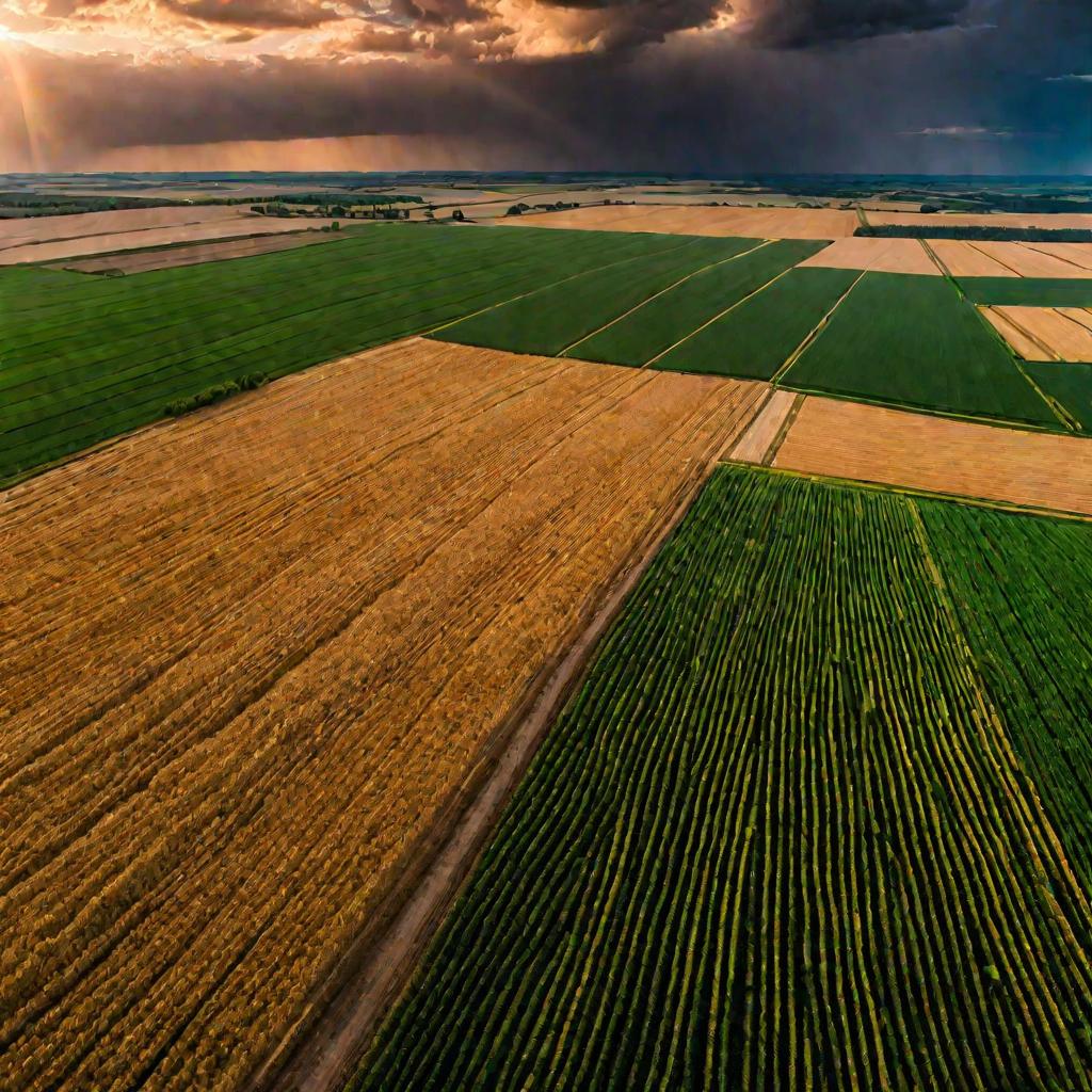 Поврежденное градом поле пшеницы на закате после грозы