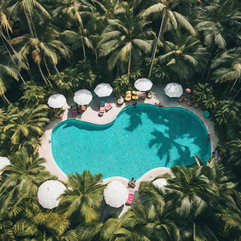 Большой яркий бассейн с пальмами и людьми