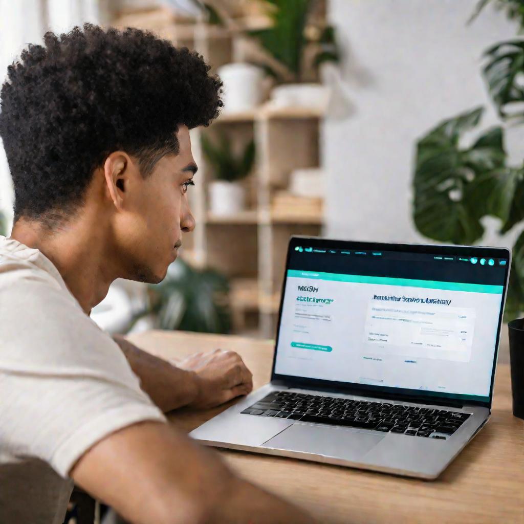 Крупным планом портретный снимок показывает сосредоточенного молодого человека в повседневной одежде, сидящего за столом перед ноутбуком. Его взгляд пристально устремлен на экран, на котором отображается веб-сайт международной службы доставки посылок, нам