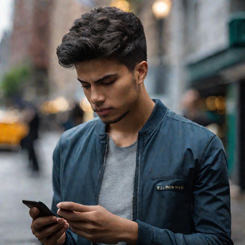 Молодой человек смотрит на телефон на улице, думая о выводе средств из Лиги Ставок