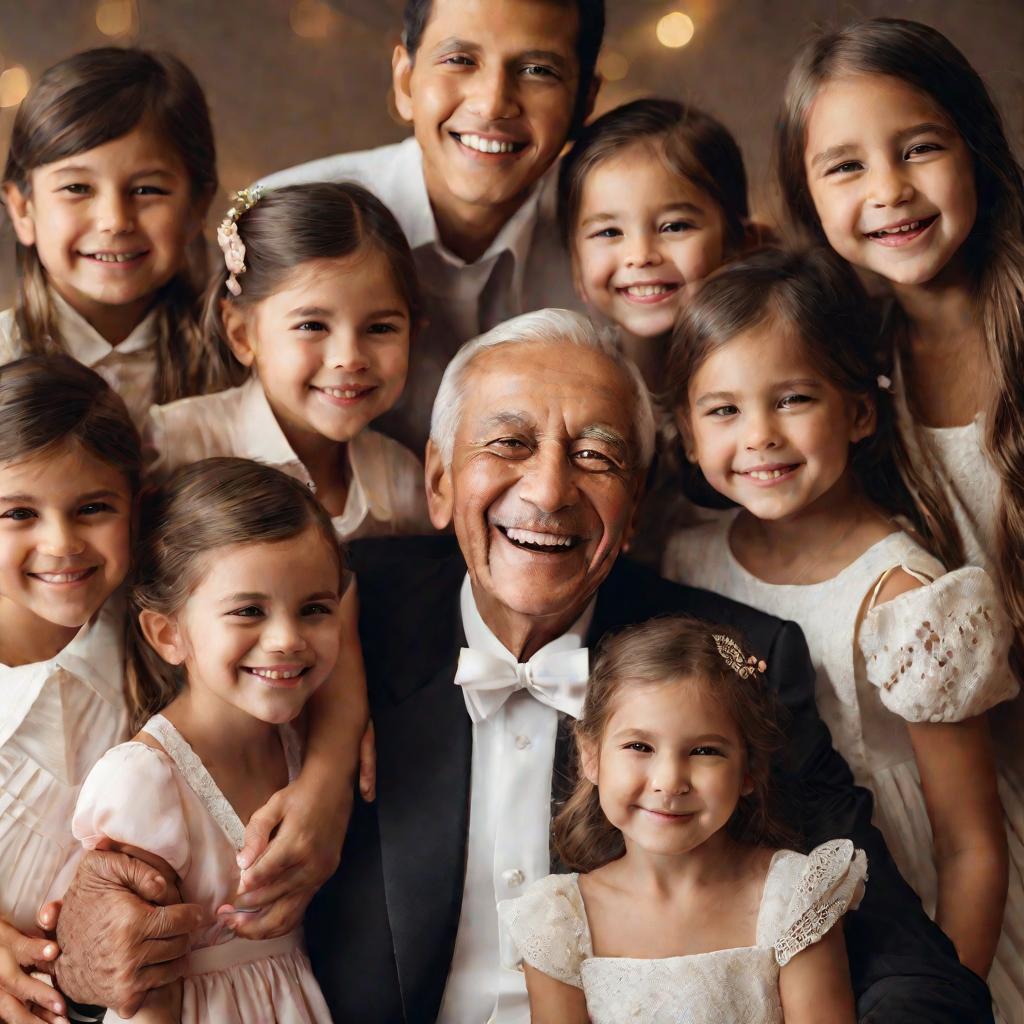 Портрет улыбающегося пожилого мужчины, окруженного любящими детьми и внуками.