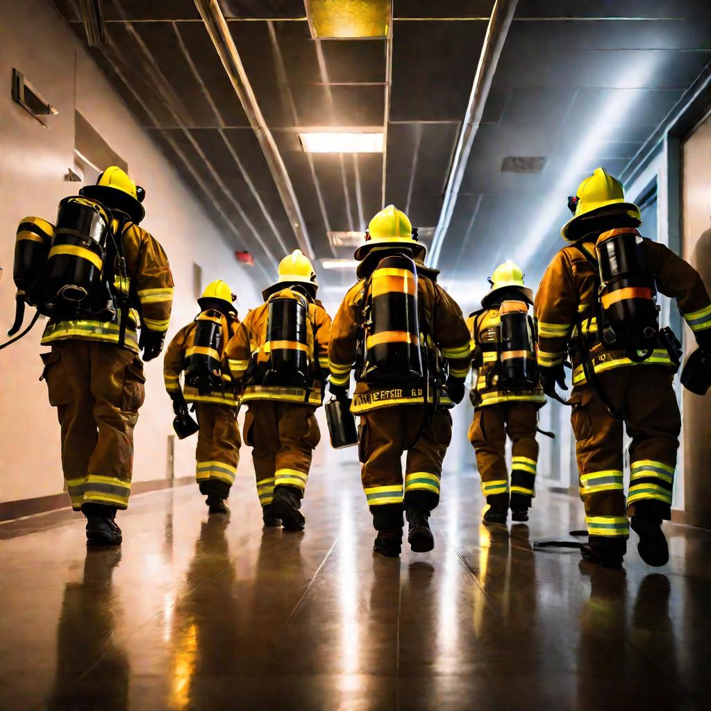 Пожарные идут по больничному коридору с оборудованием