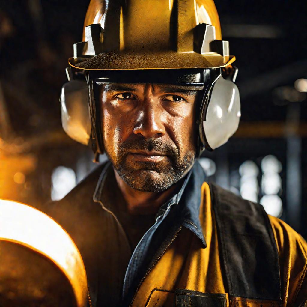 Портрет рабочего-металлурга в каске на фоне сталеплавильного цеха.