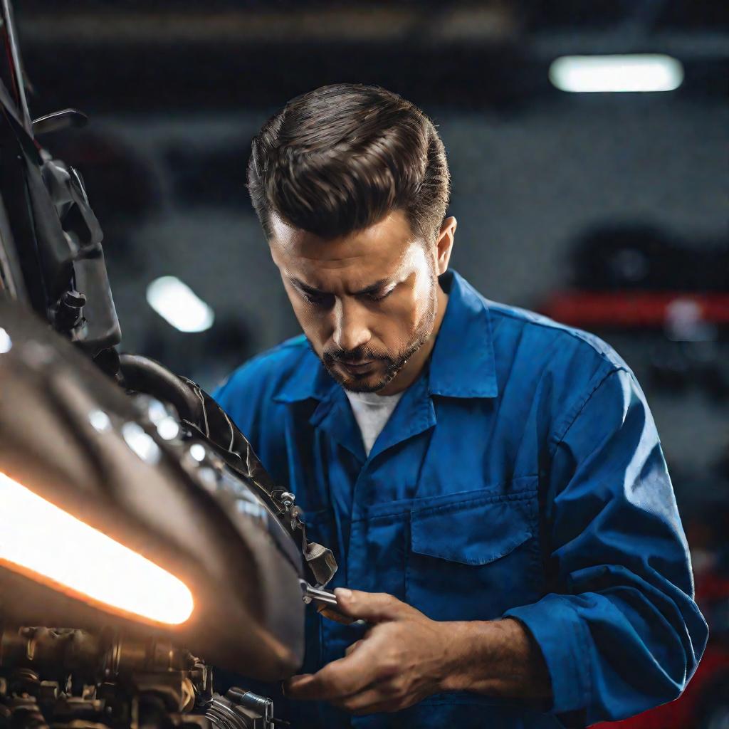 Портрет автомеханика, изучающего деталь двигателя в гараже.