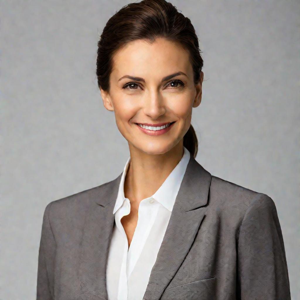 Портрет улыбающейся женщины в сером костюме на белом фоне.