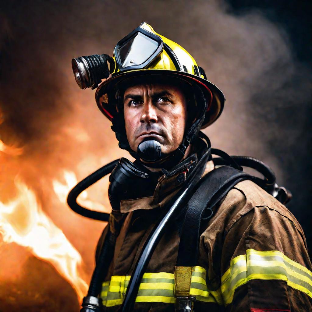 Портрет пожарного в снаряжении с серьезным выражением лица