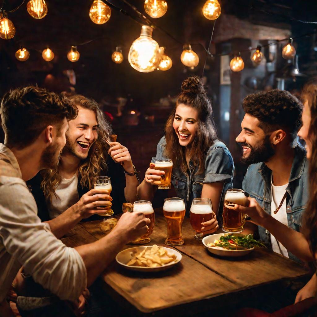 Компания друзей за столом с едой и пивом