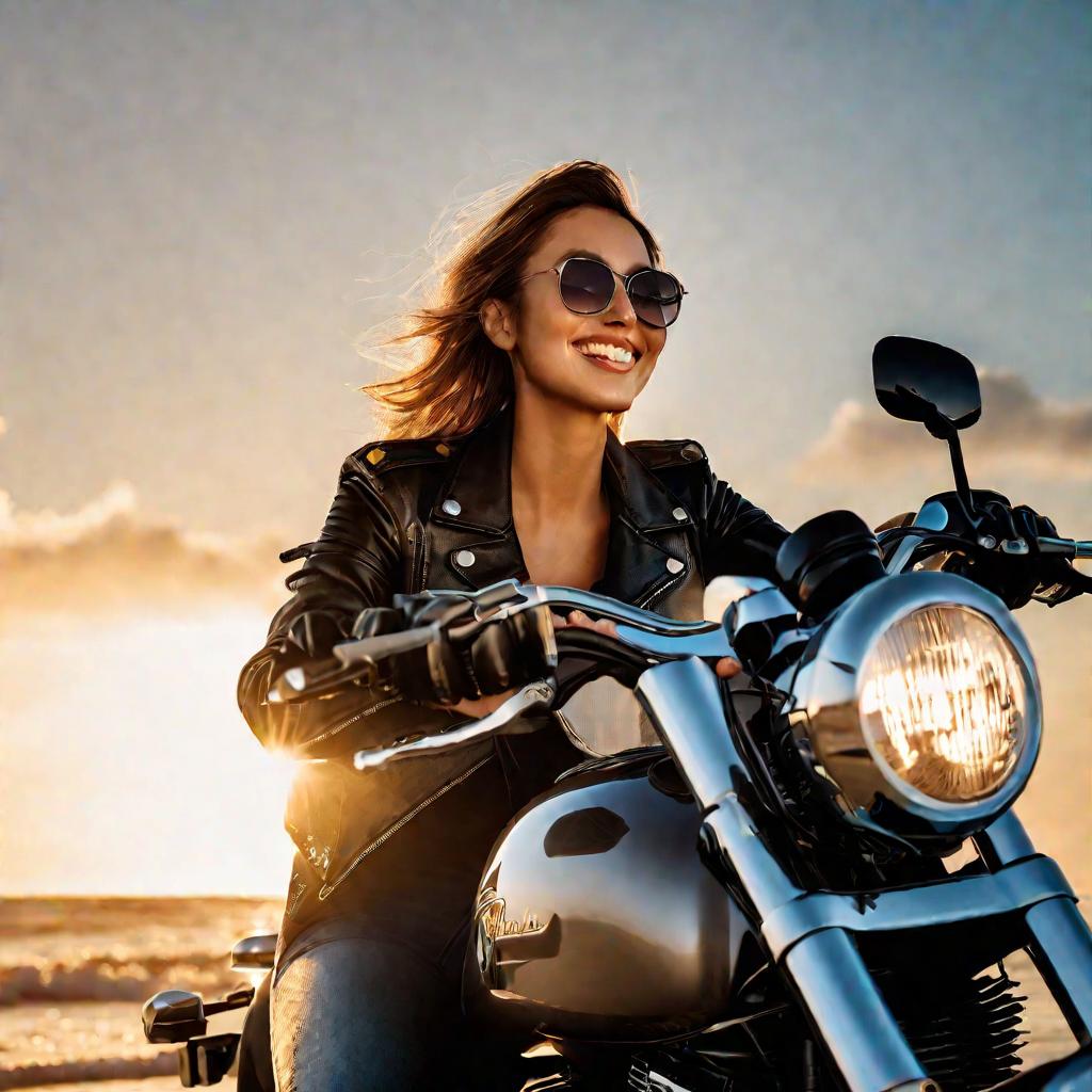 Девушка на мотоцикле на пляже