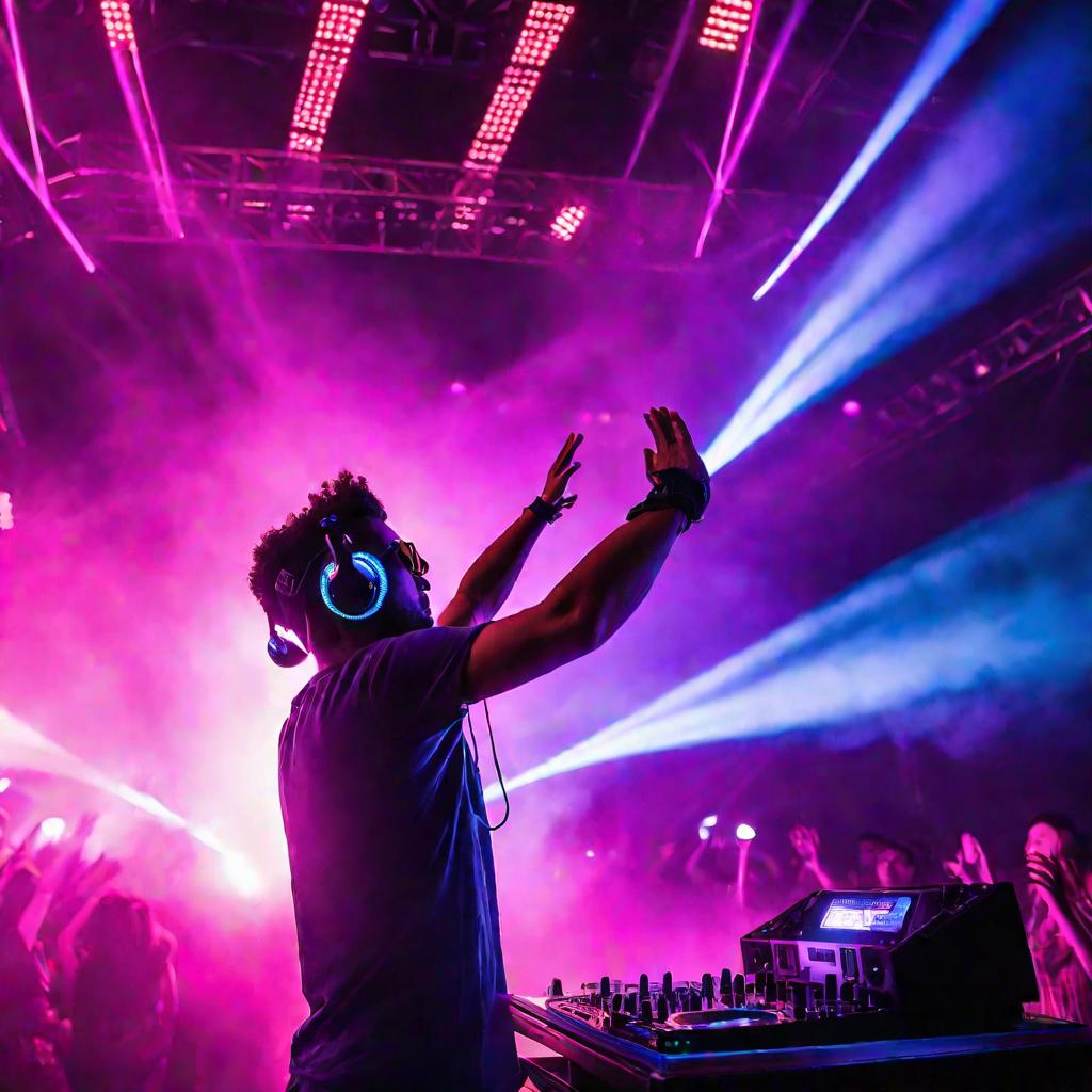 DJ на сцене фестиваля освещен прожекторами и лазерами