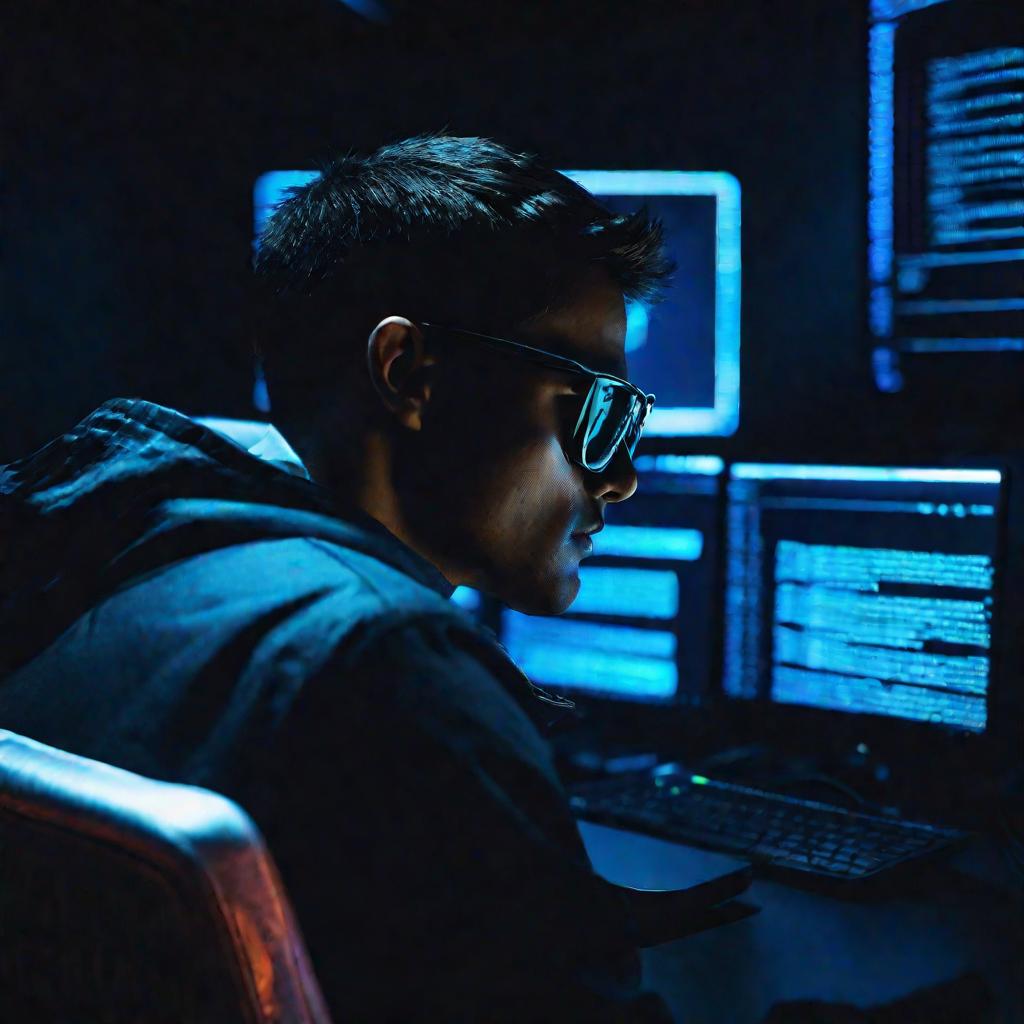 Портрет хакера в темной комнате за ноутбуком
